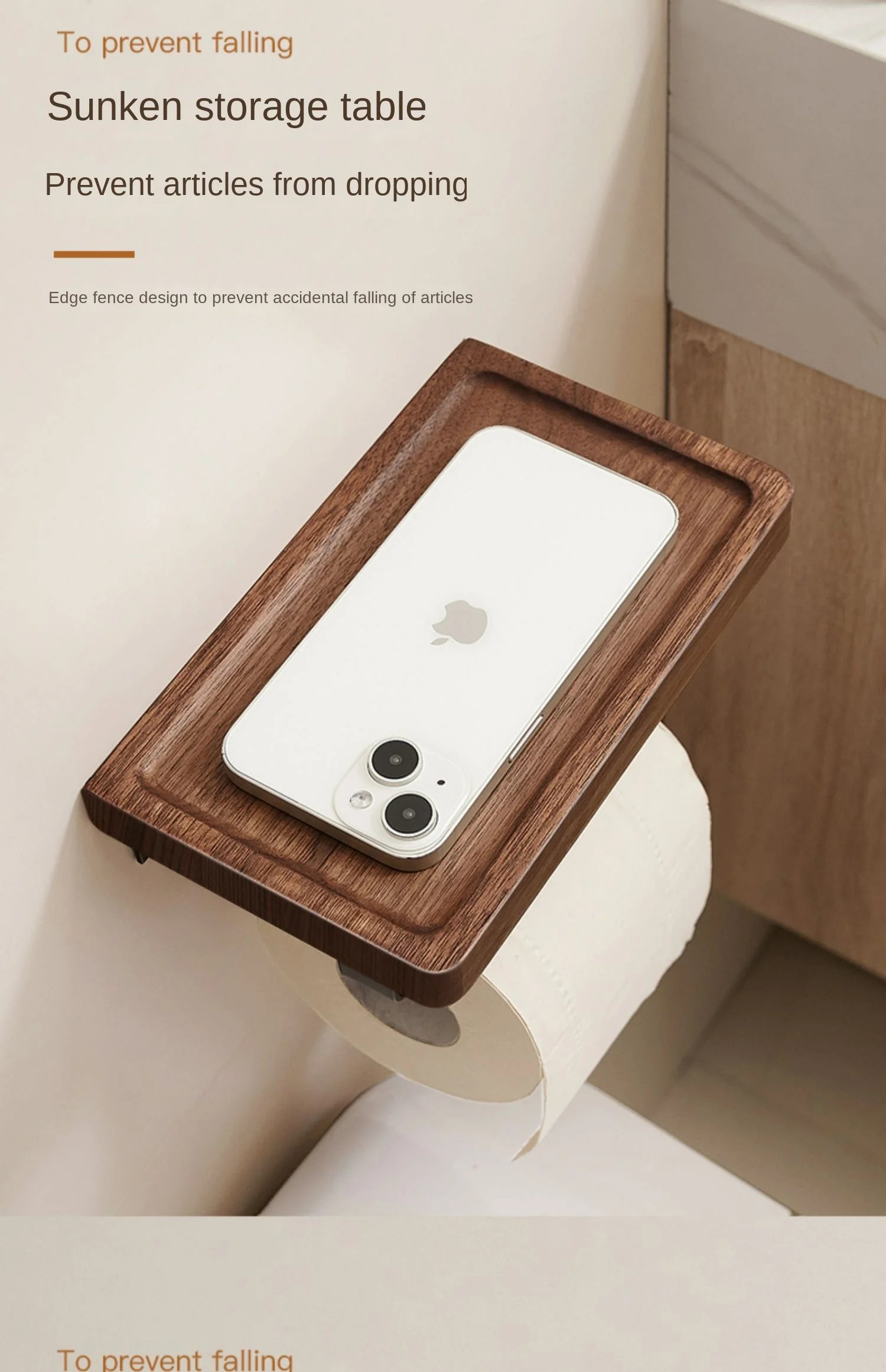 Wooden sunken storage table attached to a toilet with a phone on top, featuring text about preventing falling.