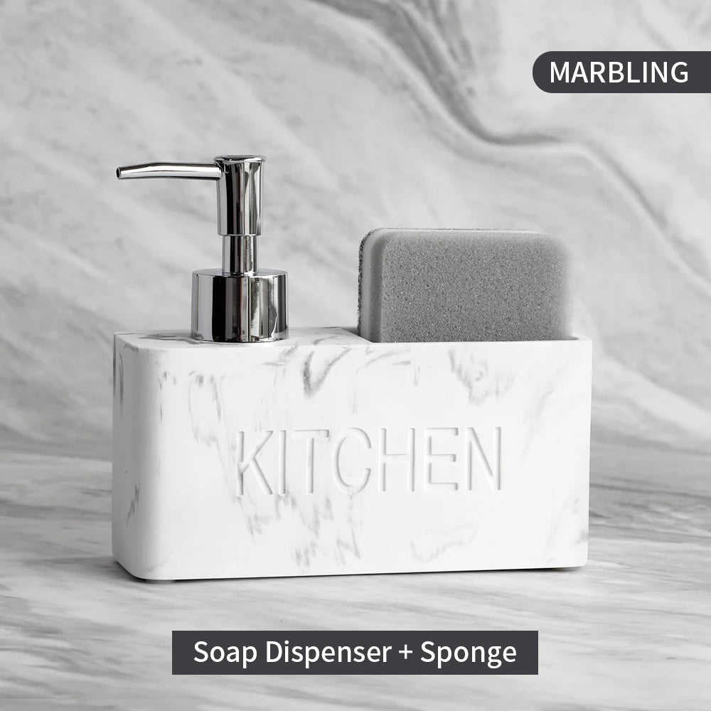 Marble-textured soap dispenser with pump and sponge holder on a marble background