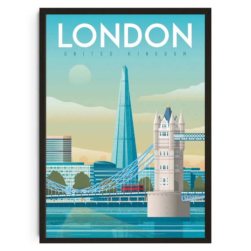 Framed poster of London with Tower Bridge and the Shard.
