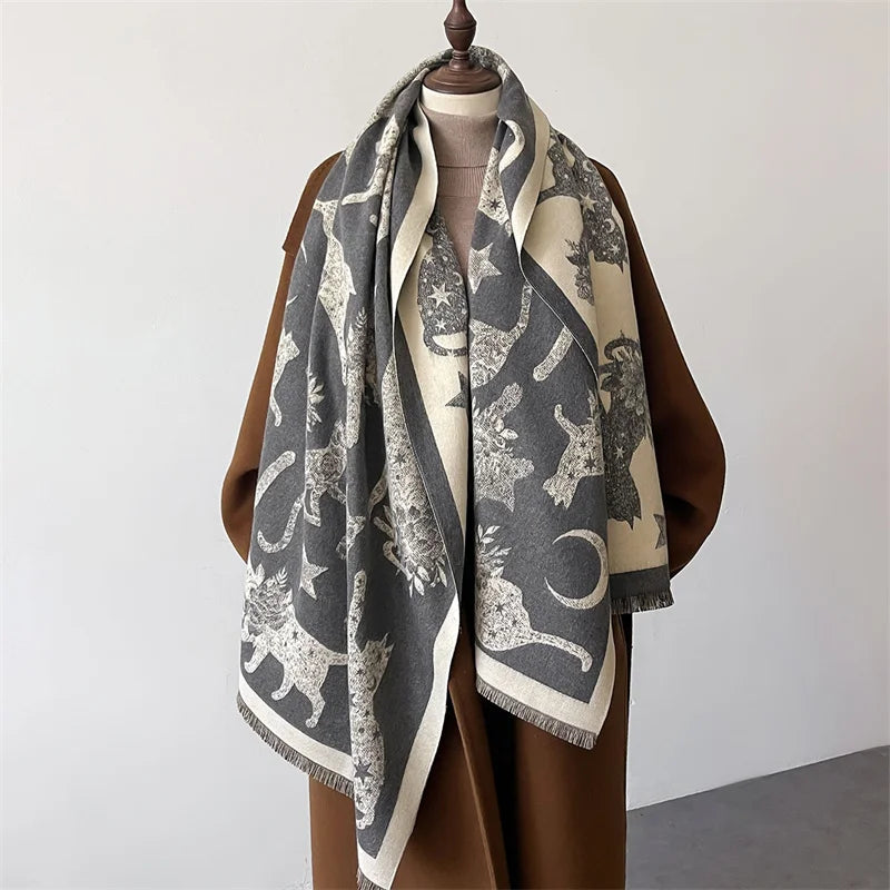 Women’s winter cat print pashmina-style scarf in soft polyester
