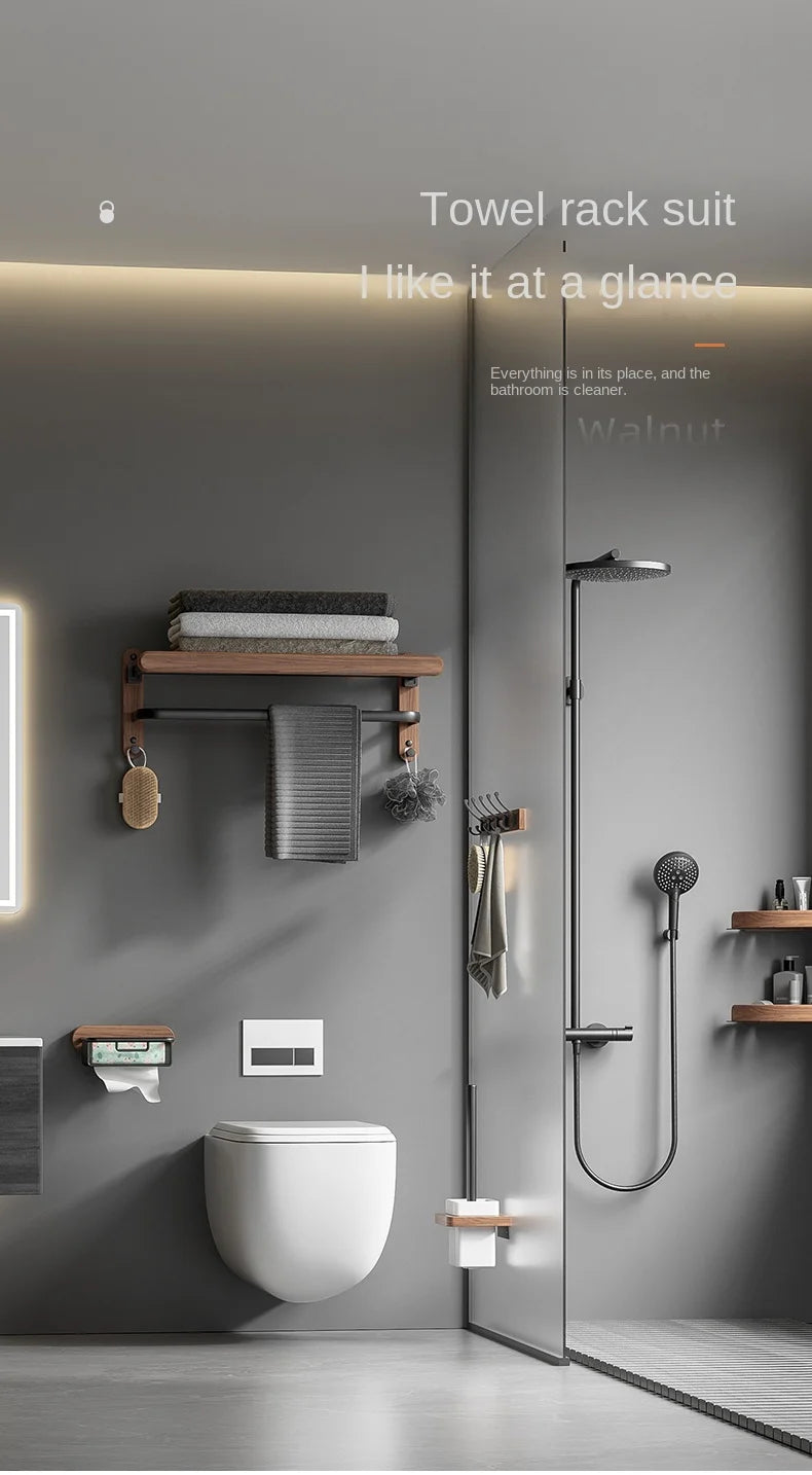 Modern bathroom interior with towel racks, shelves, and a toilet.