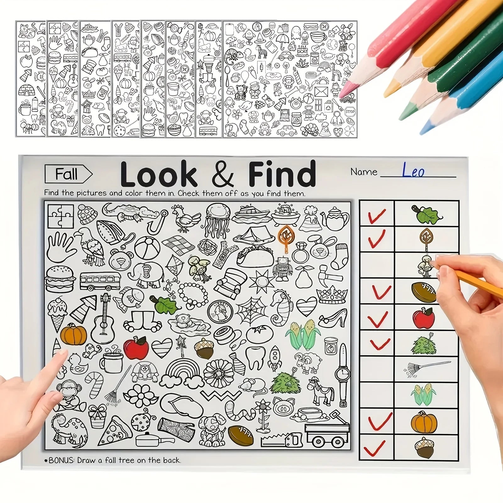 Coloring and activity sheet with fall-themed illustrations and colored pencils.