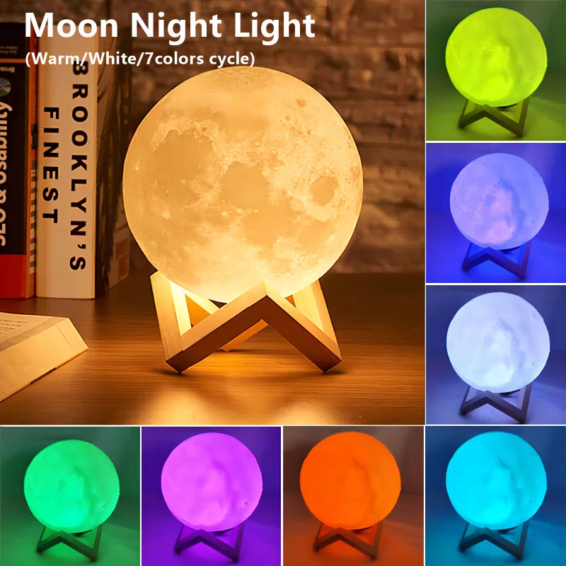 Moon night light with multiple color options on a wooden stand.