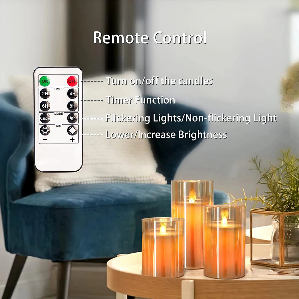 Set of candle lights with a remote control in a living room setting