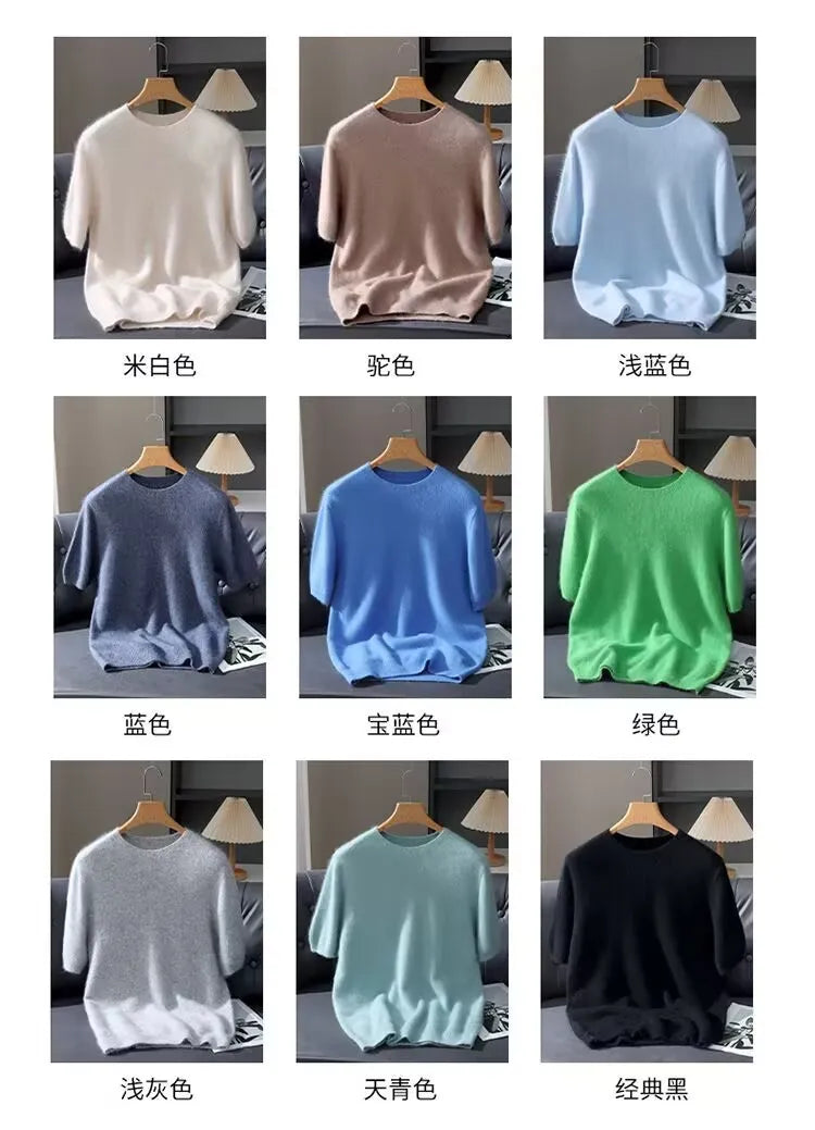 Collection of sweaters in various colors on hangers with text indicating color options.