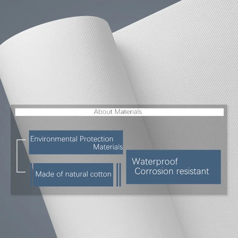 Textured white fabric with material properties text overlay on a gray background