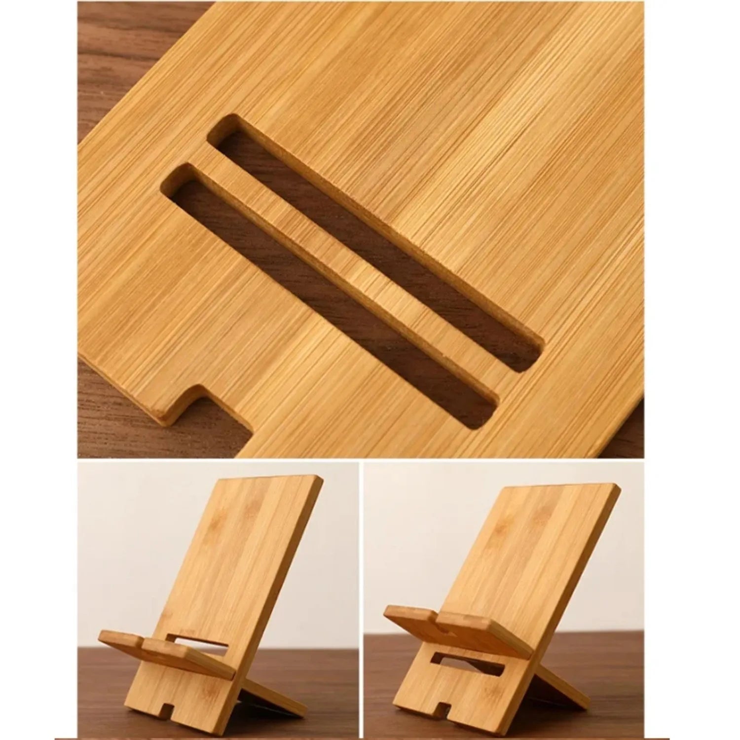 Wooden phone stand on a wooden surface with close-up details