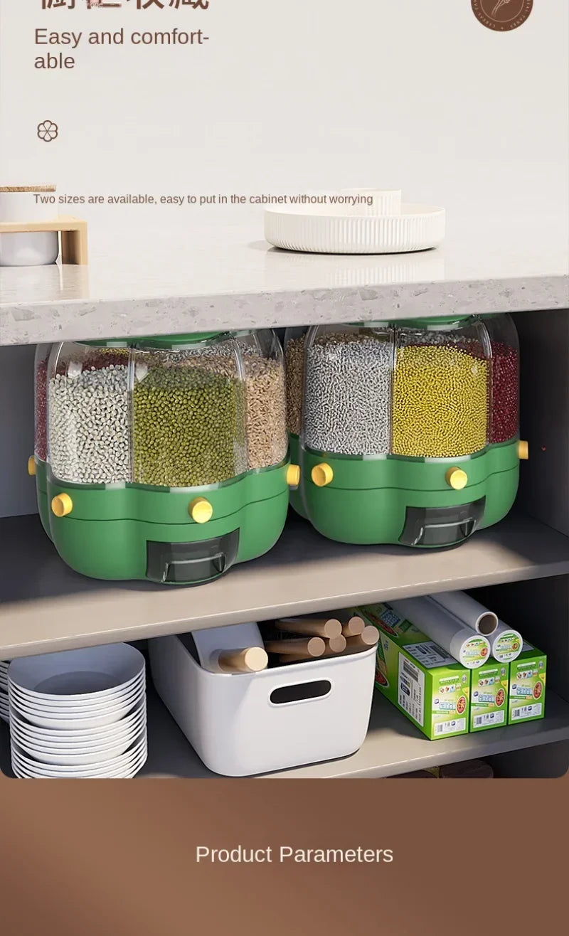 360° rotating cereal and grain dispenser with multiple compartments