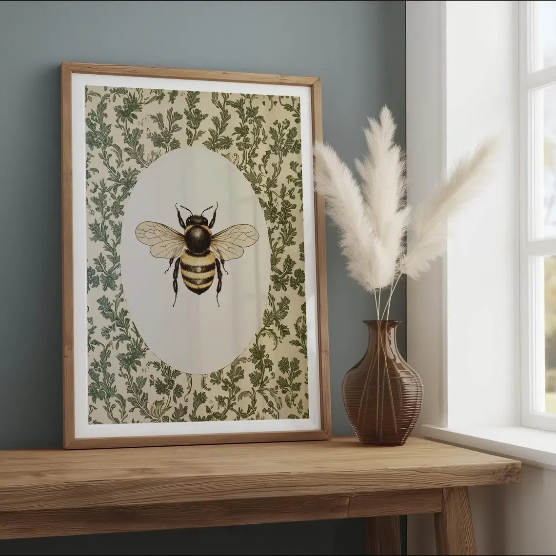 Framed artwork of a bee on a floral background on a wooden table next to a vase with dried plants.