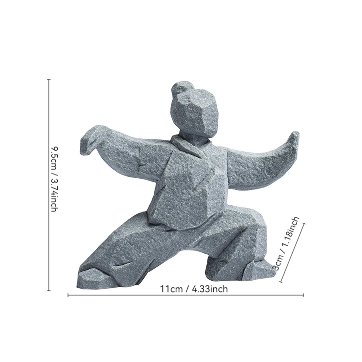 Stone sculpture of a person in a dynamic pose with dimensions displayed