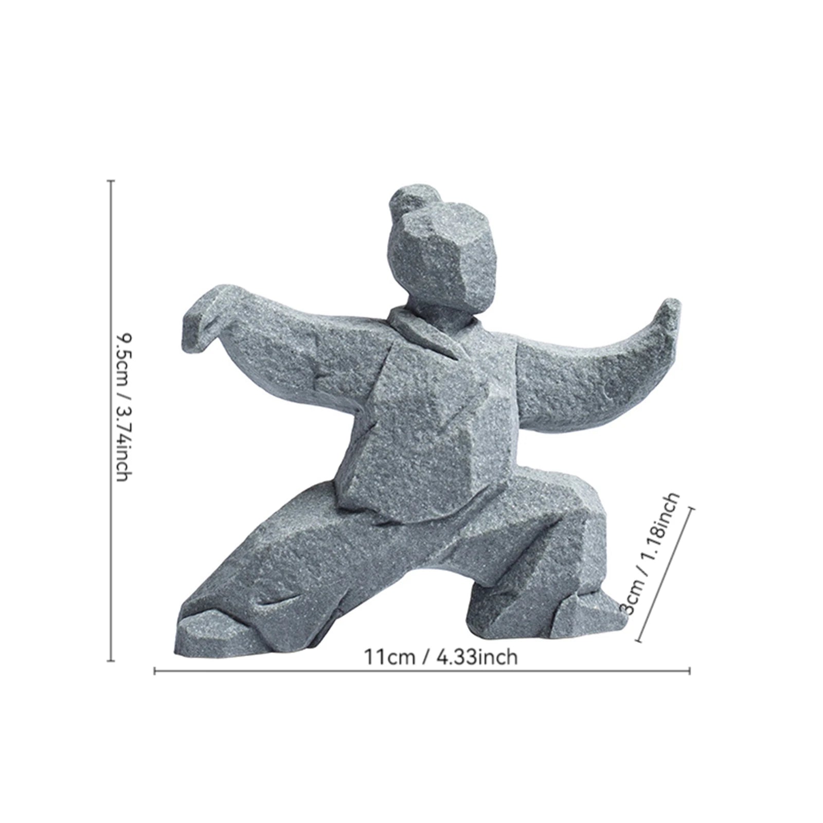 Stone sculpture of a person in a dynamic pose with dimensions displayed