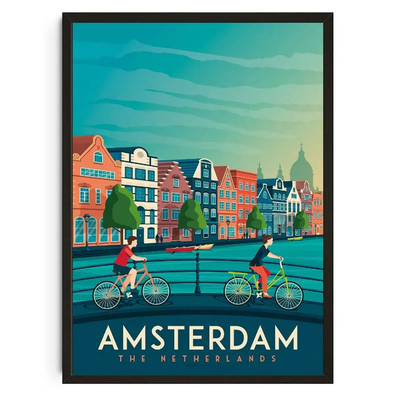 Illustration of Amsterdam with cyclists and traditional houses on a canal.