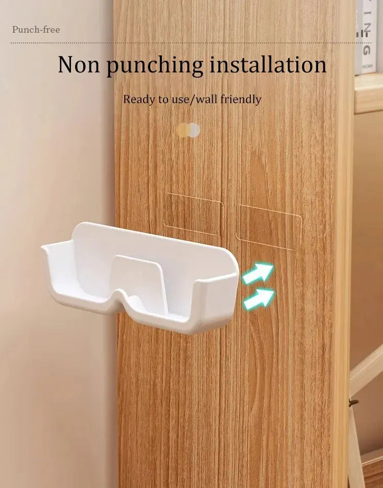 White wall-mounted shelf attached to a wooden panel with text indicating 'Non punching installation' and 'Ready to use/wall friendly'.