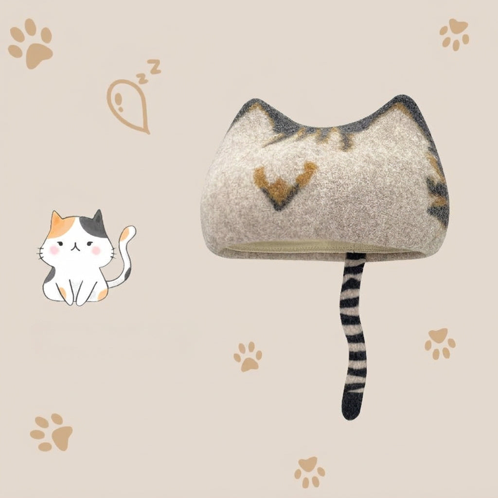 A wool cat-shaped hat with a striped tail, shown on a beige background with paw prints and a small cat illustration. 