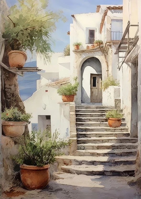Stairway leading to a white building with potted plants in a Mediterranean-style setting