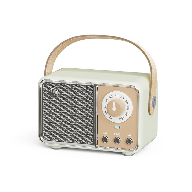 Vintage-style radio with wooden handle on a white background