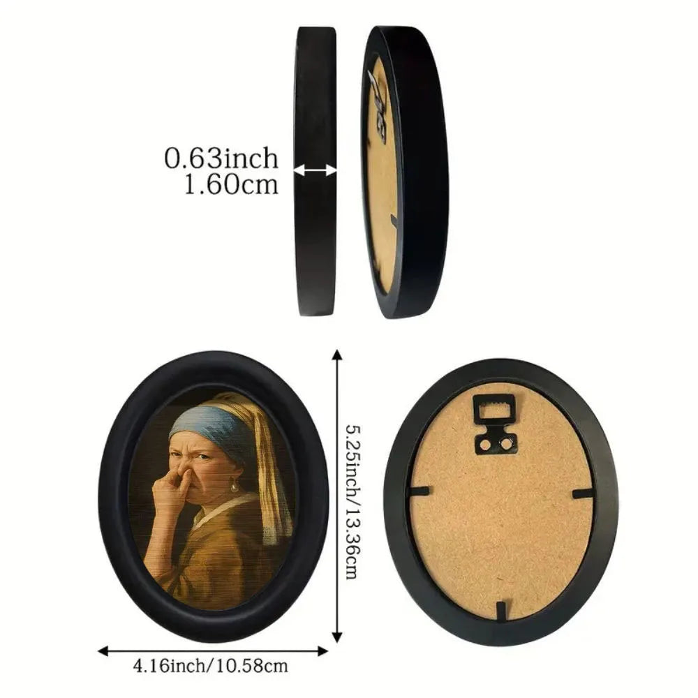 Small framed parody artwork featuring a humorous expression in a black oval frame, designed as quirky bathroom and home wall décor.
