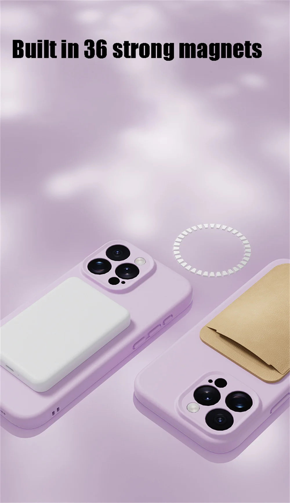 Two smartphones with a purple case on a light purple background, highlighting the feature '36 strong magnets'.