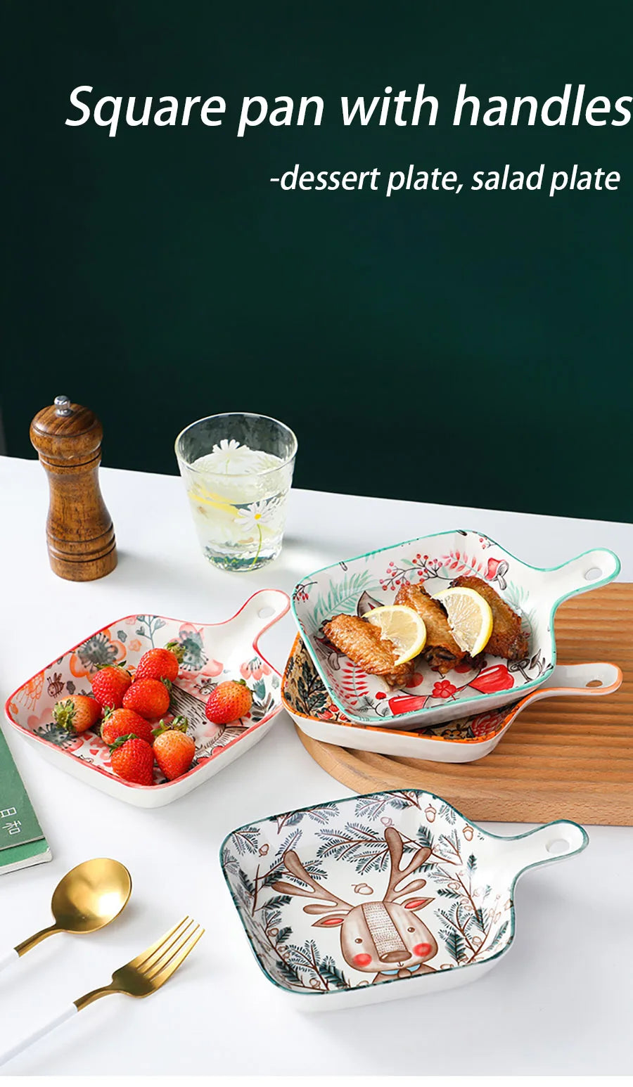 Square pans with handles containing food on a white surface with a dark background