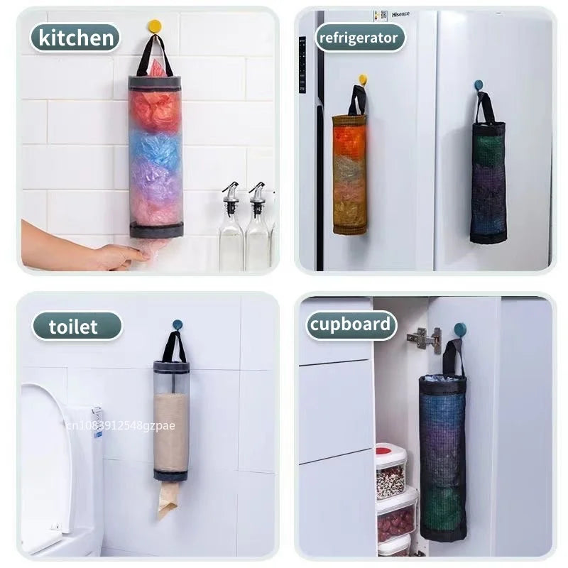 Multifunctional hanging organizer used in kitchen, refrigerator, toilet, and cupboard settings.