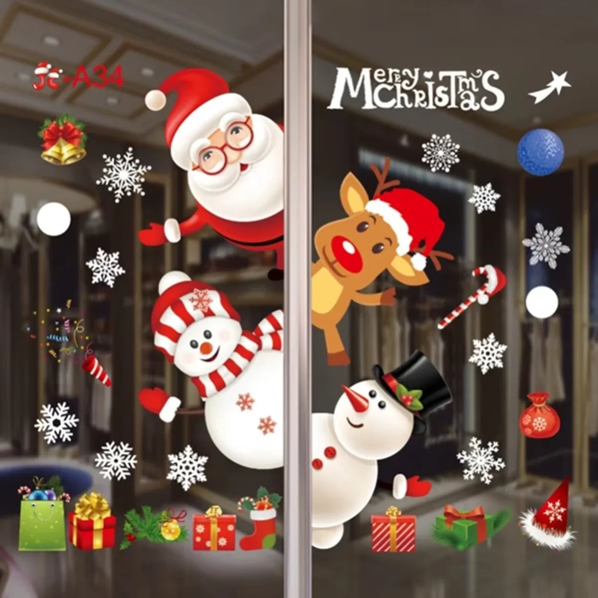 Christmas window stickers with Santa, reindeer, and snowman designs on glass doors