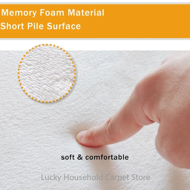 Memory foam material with a hand touching it, labeled 'soft & comfortable' by Lucky Household Carpet Store.