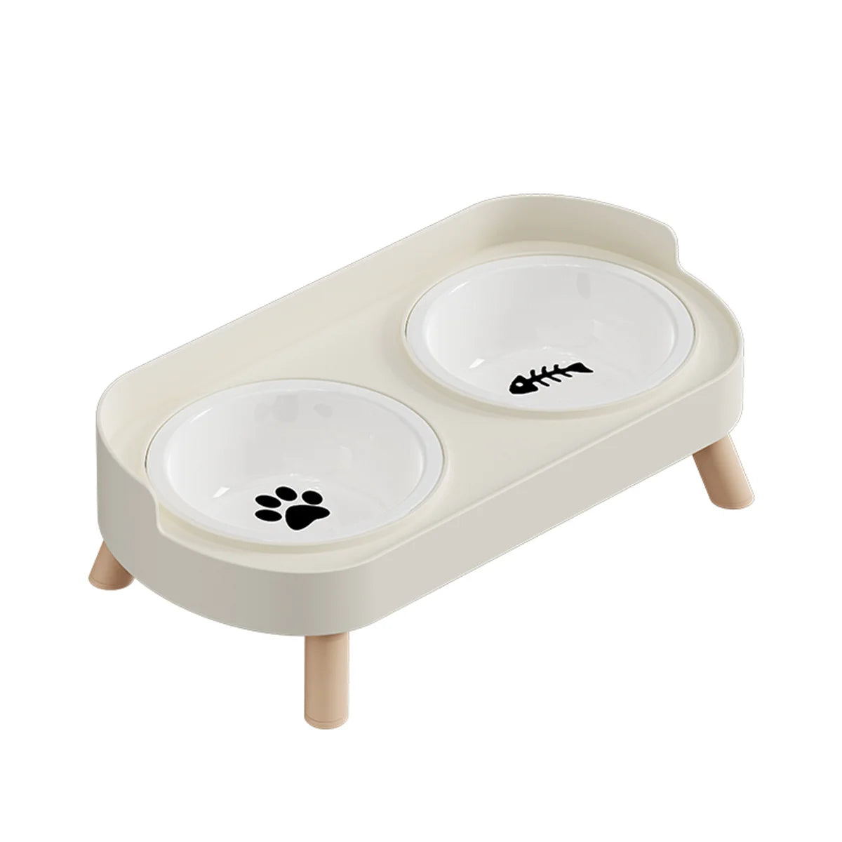 Pet feeding station with two bowls on a white background