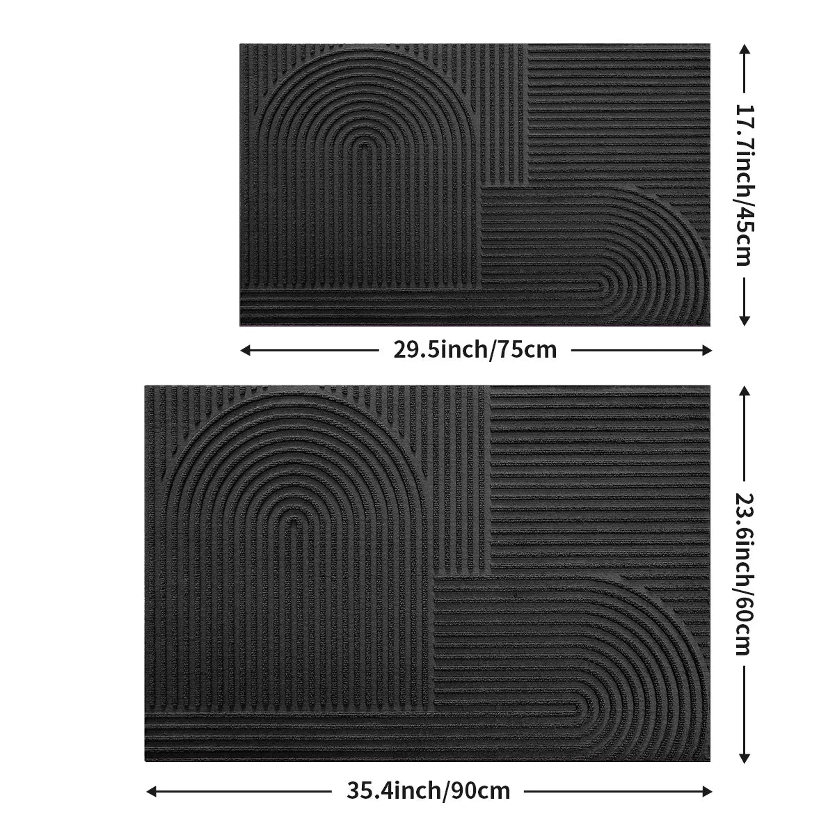 Black textured mat with measurements on a white background