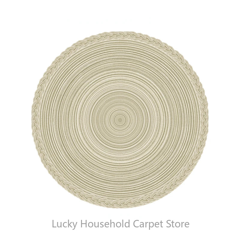 Round woven mat with concentric circle pattern on a white background, branded 'Lucky Household Carpet Store'.
