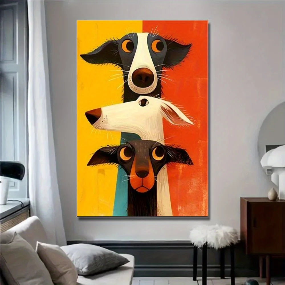 Colorful abstract dog painting on a wall in a living room.
