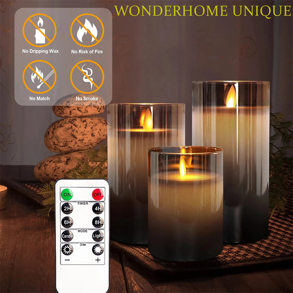 Set of three glass candles with remote control on a wooden surface, featuring 'Wonderhome Unique' branding.