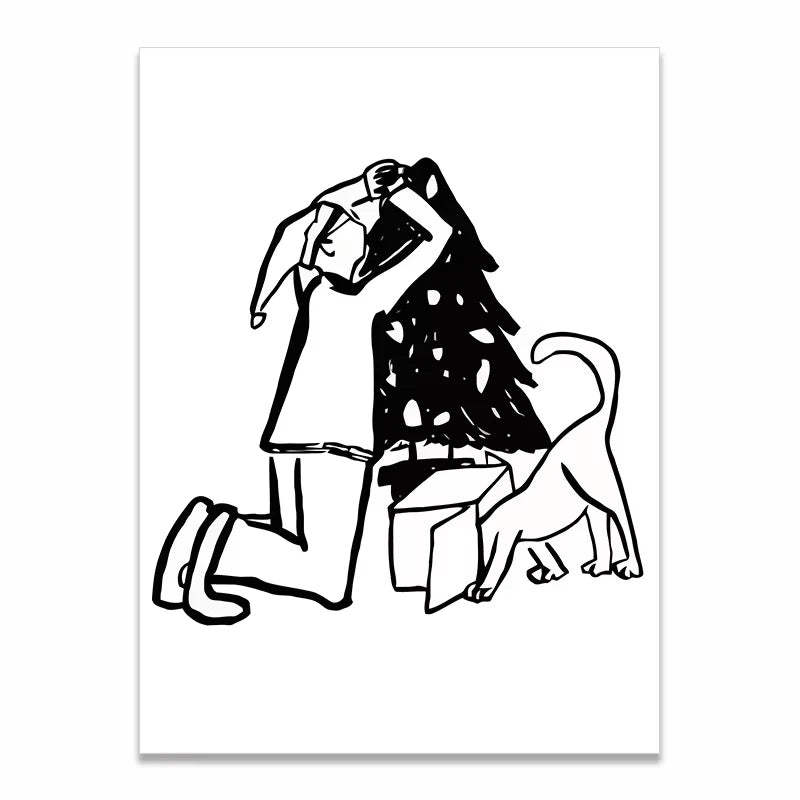 A minimalist black and white line art print depicting a person in a jester outfit kneeling next to a decorated Christmas tree and a dog, shown as a vertical poster on a white background.