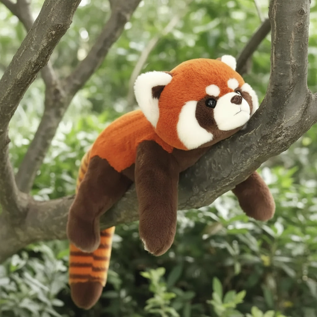 Plush toy red panda on a branch with green foliage in the background