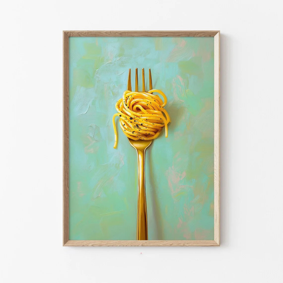 Framed artwork of a gold fork with yellow pasta against a light green background