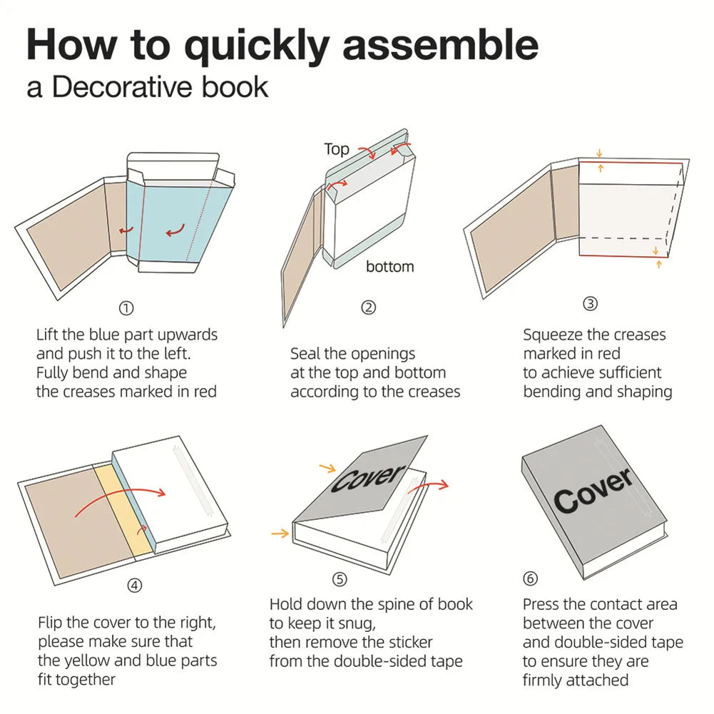 Step-by-step guide on how to quickly assemble a decorative book with illustrations and text.