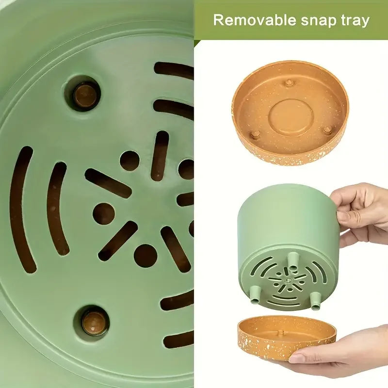Green pet feeder with removable brown tray, showing how to snap it on.