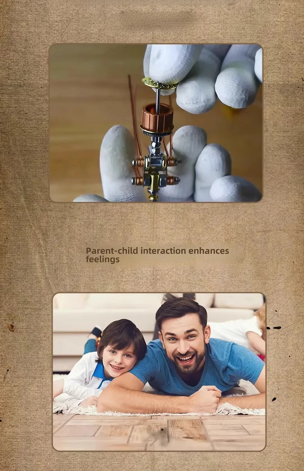 Top section shows a close-up of a mechanical device with text 'Parent-child interaction enhances feelings'. Bottom section shows a man and child lying on a wooden floor.