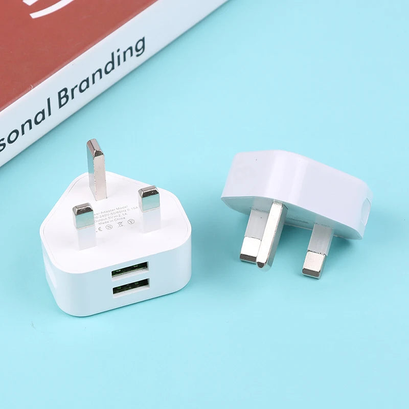 Two white USB chargers with metallic plugs on a light blue background.