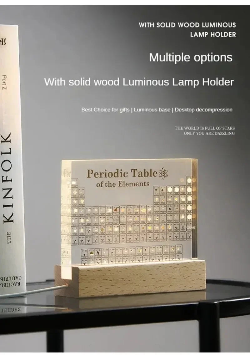 Luminous lamp holder with periodic table design on a gray background