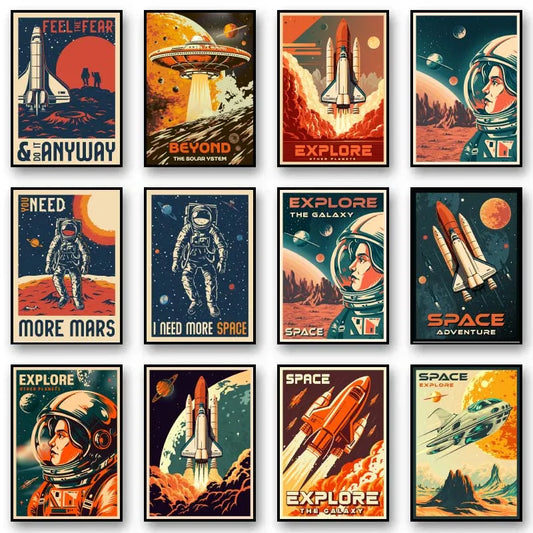 Vintage Space Wall Art – Retro Astronaut & Rocket Illustration Canvas Prints