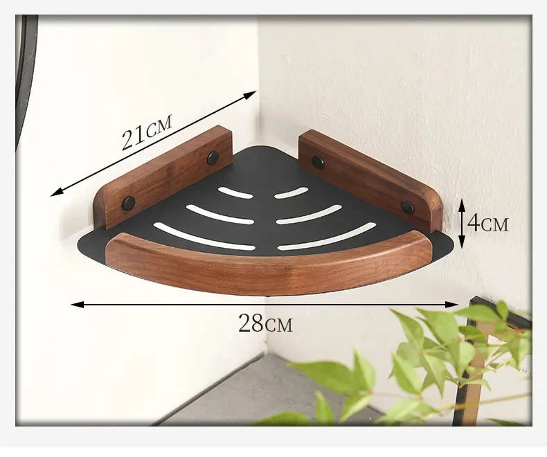 Wooden corner shelf with measurements on a white background