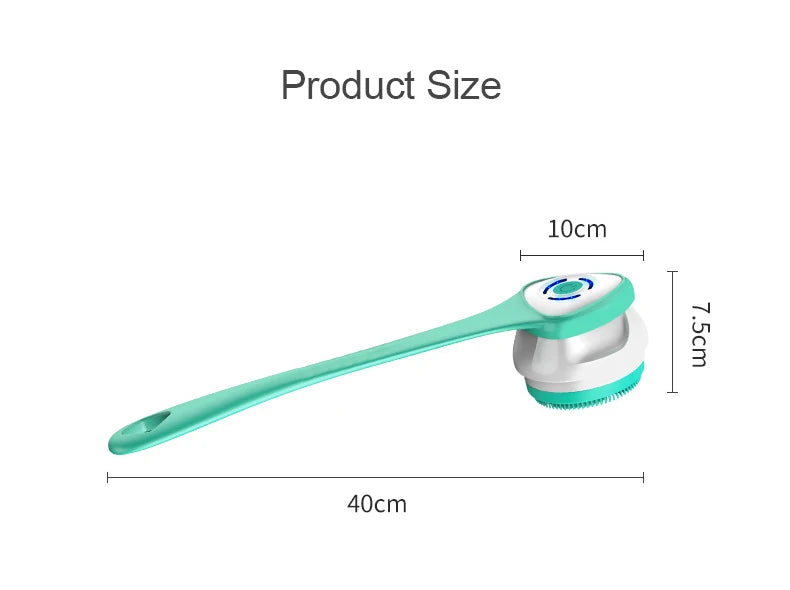Measurement chart of a green handheld scrubber with dimensions labeled.