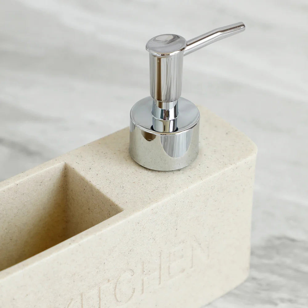 Soap dispenser on a stone sink with a marble background