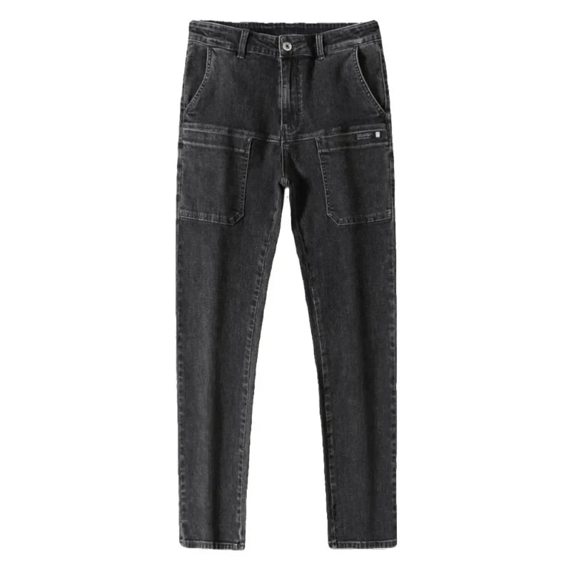 Black 6 pocket jeans on a white background