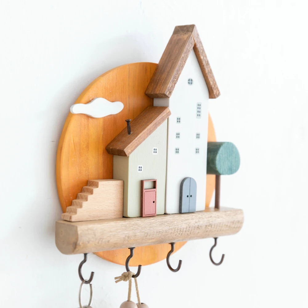 Cute Wooden House Key Hook Shelf – Decorative Wall Storage Style 4