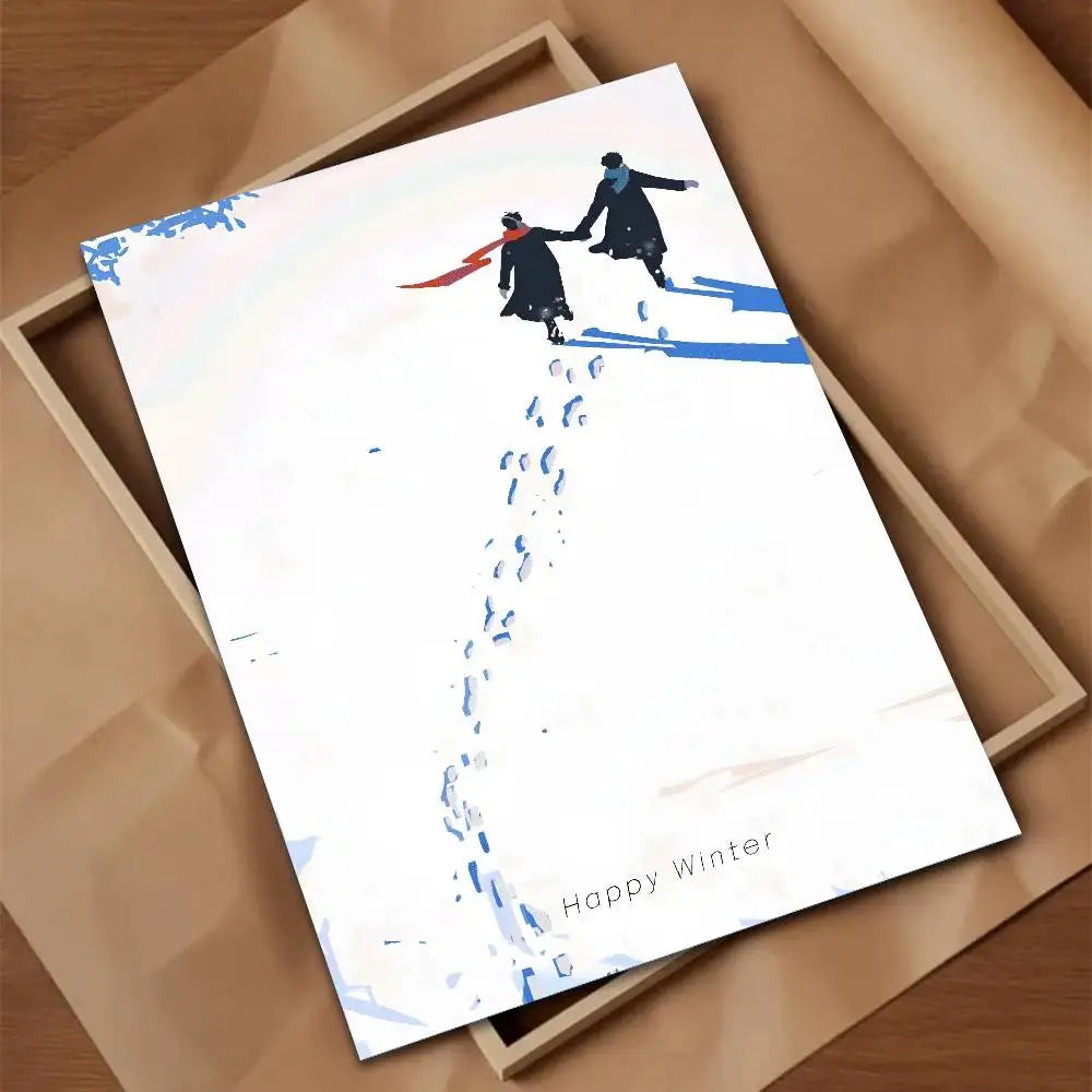 Poster with winter scene and 'Happy Winter' text on a wooden surface