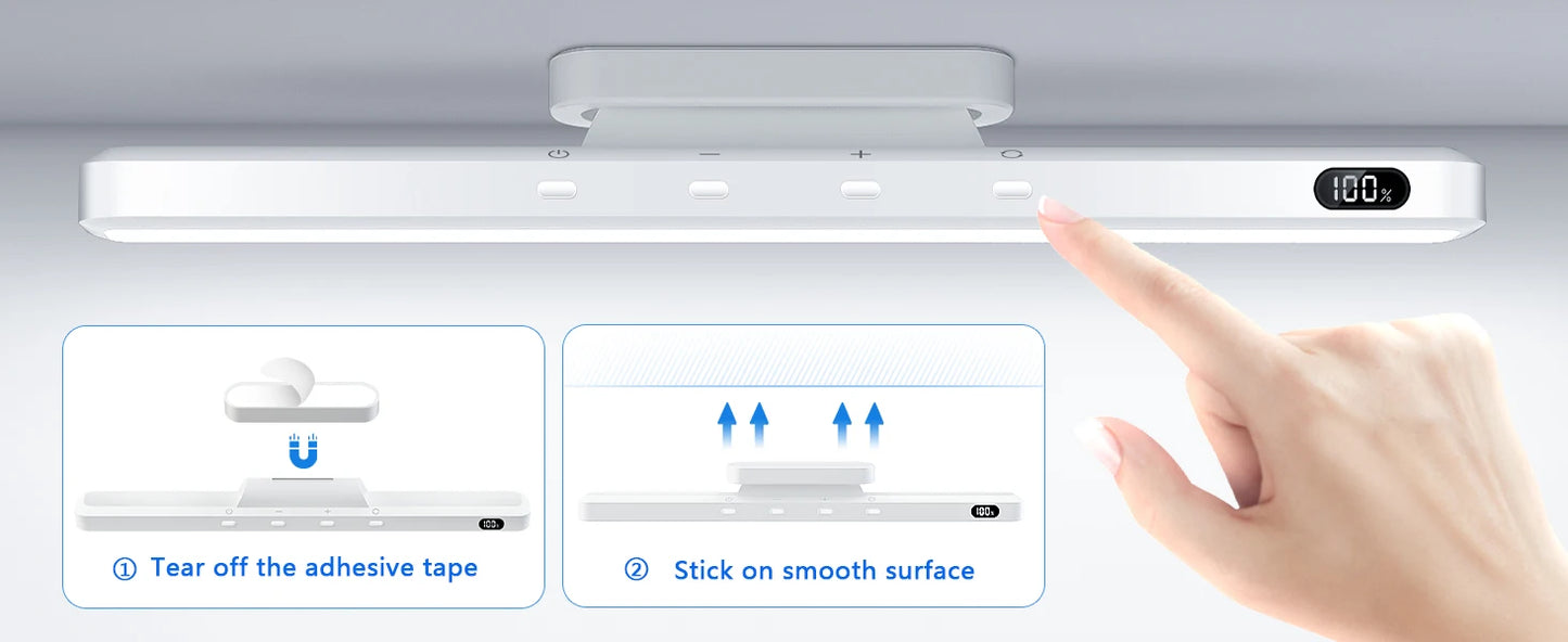 Hand pointing to a digital display on a light fixture with installation instructions.