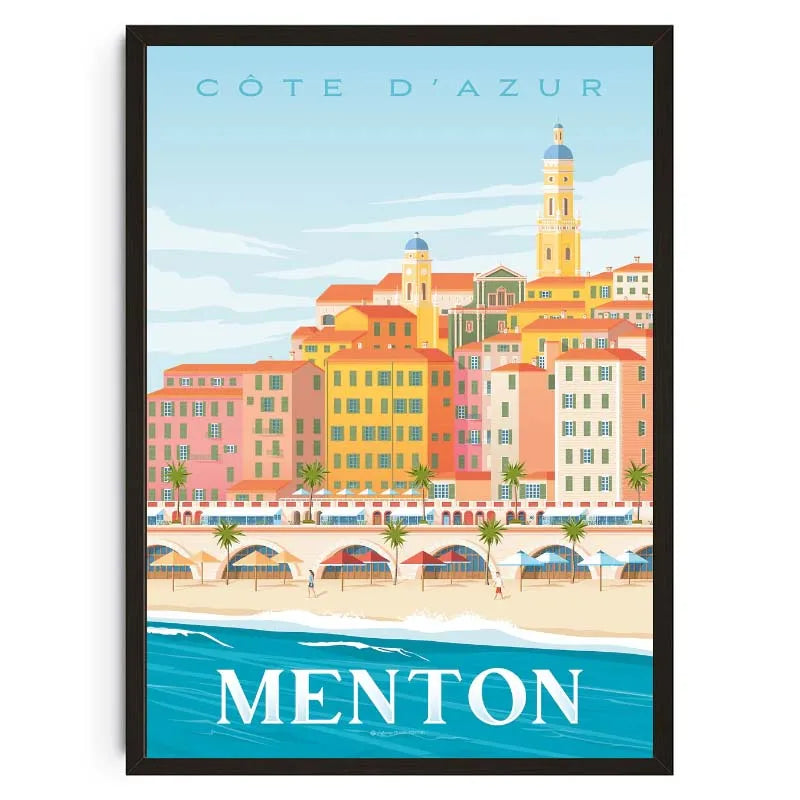 Poster of Menton on Cçte d'Azur with colorful buildings and beach.