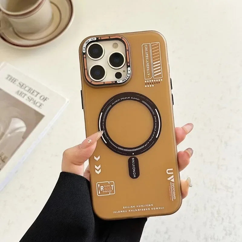 Person holding a mustard yellow phone case with intricate design