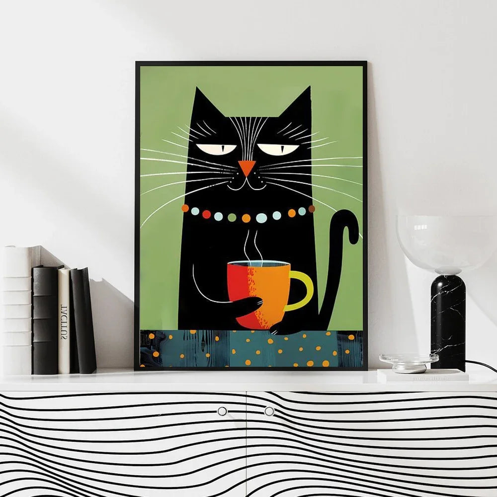 Framed artwork of a black cat holding a coffee cup on a white shelf.